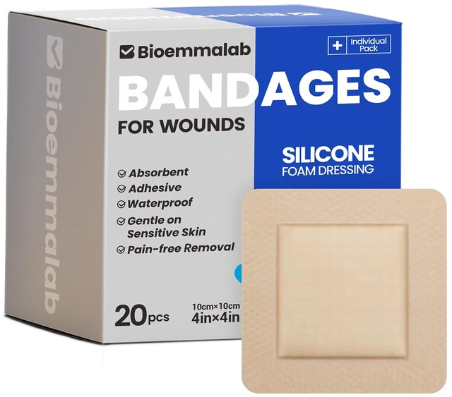 Main image of Large Waterproof Bandages 4x4 Silicone Foam Dressing Sensitive Skin, 20 PCS Wound Dressing, Adhesive Cohesive Pad with Border, First Aid, Post-Surgical, Burn & Pressure Care, Scar Care