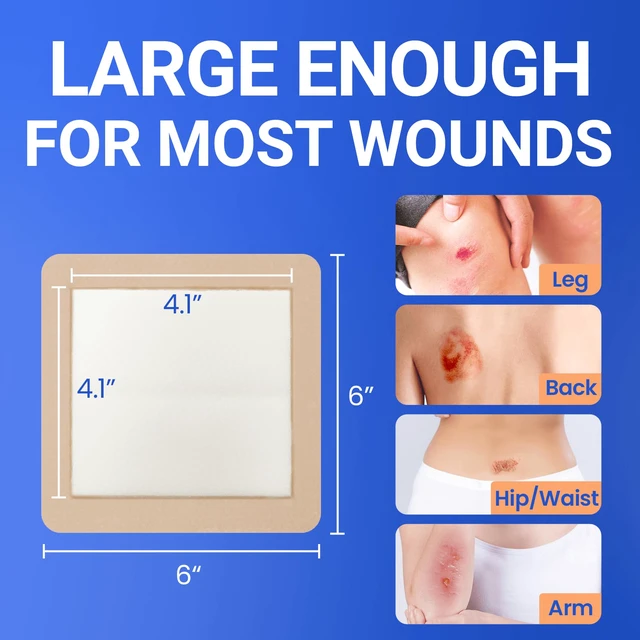 Alt view image 2 of 6 - Large Waterproof Bandages 6x6 Silicone Foam Dressing Sensitive Skin, 5 PCS Wound Dressing, Adhesive Cohesive Pad with Border, First Aid, Post-Surgical, Burn & Pressure Care, Scar Care