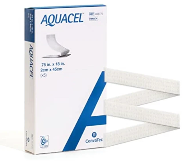 Main image of AQUACEL Hydrofiber Ribbon Wound Dressing 0.75"x18", 5 Ct Wound Packing Strip, Absorbent, Non-Woven, Sterile, Moist Healing, Gel Forming, Medical Grade, Flexible, Wound Care
