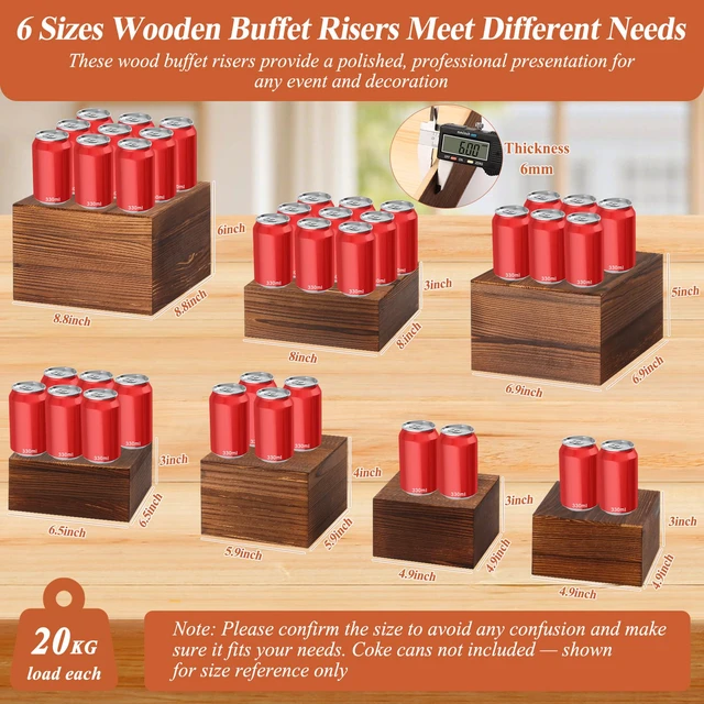 Alt view image 2 of 7 - 7 Pack Wooden Risers Display Stands with Acrylic Maker Pen and Mini Sign, Food Risers for Buffet Table Shelf Display Stand for Party Catering Dessert Cupcake Jewelry
