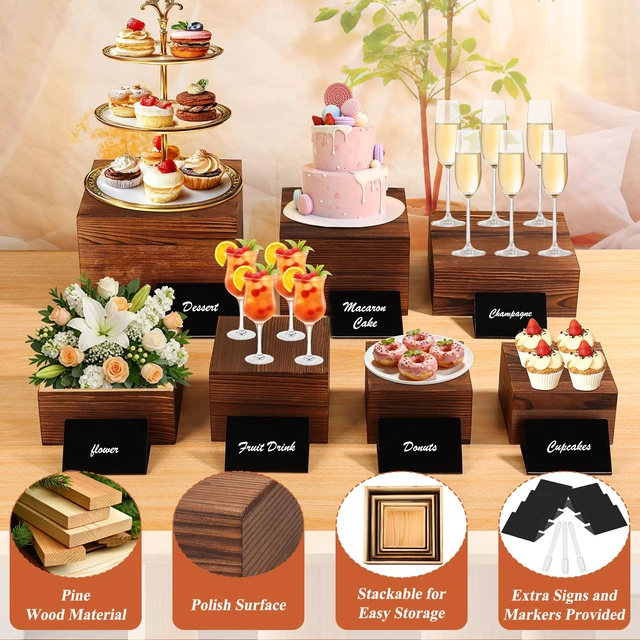 Alt view image 3 of 7 - 7 Pack Wooden Risers Display Stands with Acrylic Maker Pen and Mini Sign, Food Risers for Buffet Table Shelf Display Stand for Party Catering Dessert Cupcake Jewelry