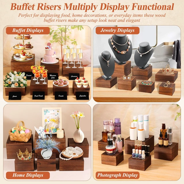 Alt view image 4 of 7 - 7 Pack Wooden Risers Display Stands with Acrylic Maker Pen and Mini Sign, Food Risers for Buffet Table Shelf Display Stand for Party Catering Dessert Cupcake Jewelry