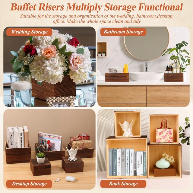 Alt view image 5 of 7 - 7 Pack Wooden Risers Display Stands with Acrylic Maker Pen and Mini Sign, Food Risers for Buffet Table Shelf Display Stand for Party Catering Dessert Cupcake Jewelry