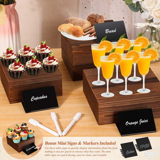 Alt view image 6 of 7 - 7 Pack Wooden Risers Display Stands with Acrylic Maker Pen and Mini Sign, Food Risers for Buffet Table Shelf Display Stand for Party Catering Dessert Cupcake Jewelry