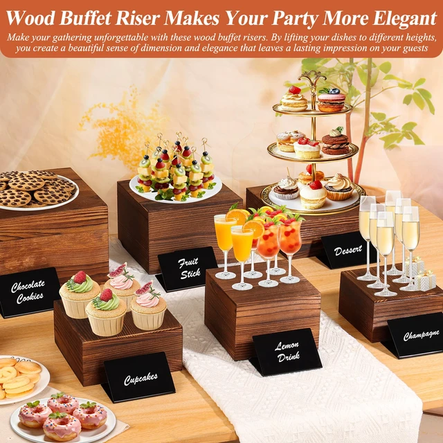 Alt view image 7 of 7 - 7 Pack Wooden Risers Display Stands with Acrylic Maker Pen and Mini Sign, Food Risers for Buffet Table Shelf Display Stand for Party Catering Dessert Cupcake Jewelry