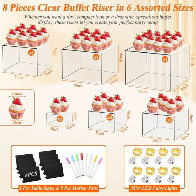 Alt view image 2 of 7 - 8 Pcs Clear Acrylic Buffet Risers with LED Fairy Lights, Acrylic Food Risers with Mini Sign and Maker, Clear Buffet Risers and Stands for Party Catering Dessert Collectibles(9" 8" 7" 6" 5" 5" 4" 4")