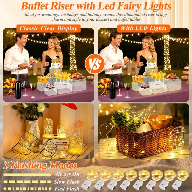 Alt view image 3 of 7 - 8 Pcs Clear Acrylic Buffet Risers with LED Fairy Lights, Acrylic Food Risers with Mini Sign and Maker, Clear Buffet Risers and Stands for Party Catering Dessert Collectibles(9" 8" 7" 6" 5" 5" 4" 4")