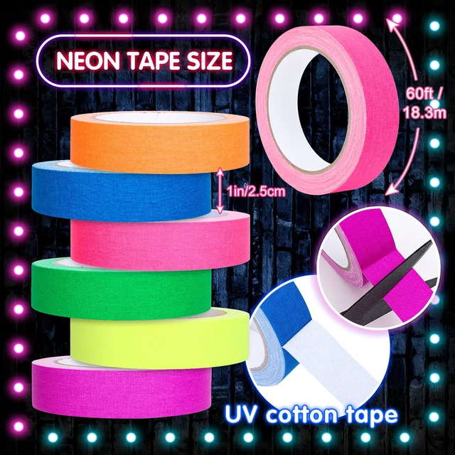 Alt view image 2 of 7 - 6 Neon Colors Gaffer Cloth Tape, 1 Inch x 60 Ft Fluorescent Rainbow Color, UV Blacklight Glow in The Dark Tape, Reflective, VBS Party Supplies