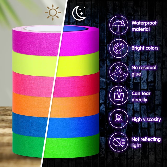 Alt view image 3 of 7 - 6 Neon Colors Gaffer Cloth Tape, 1 Inch x 60 Ft Fluorescent Rainbow Color, UV Blacklight Glow in The Dark Tape, Reflective, VBS Party Supplies