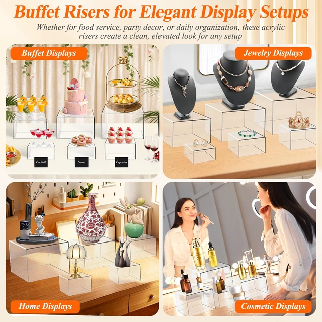 Alt view image 4 of 7 - 8 Pcs Clear Acrylic Buffet Risers with LED Fairy Lights, Acrylic Food Risers with Mini Sign and Maker, Clear Buffet Risers and Stands for Party Catering Dessert Collectibles(9" 8" 7" 6" 5" 5" 4" 4")