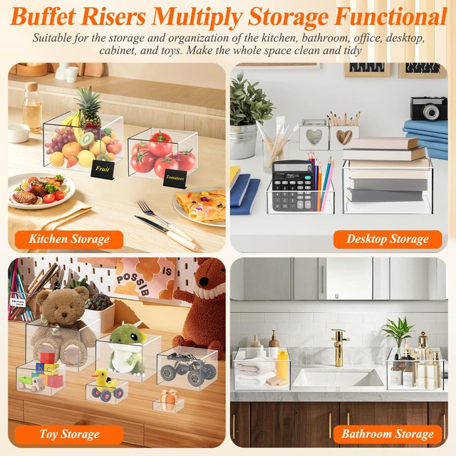 Alt view image 5 of 7 - 8 Pcs Clear Acrylic Buffet Risers with Mini Sign and Maker,Buffet Risers and Stands Clear Food Display Risers for Buffet Table Party Catering Dessert Cupcake Collectibles (8" 7" 6" 5" 5" 4" 4" 3")