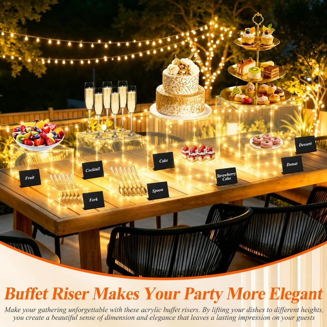 Alt view image 7 of 7 - 8 Pcs Clear Acrylic Buffet Risers with LED Fairy Lights, Acrylic Food Risers with Mini Sign and Maker, Clear Buffet Risers and Stands for Party Catering Dessert Collectibles(9" 8" 7" 6" 5" 5" 4" 4")