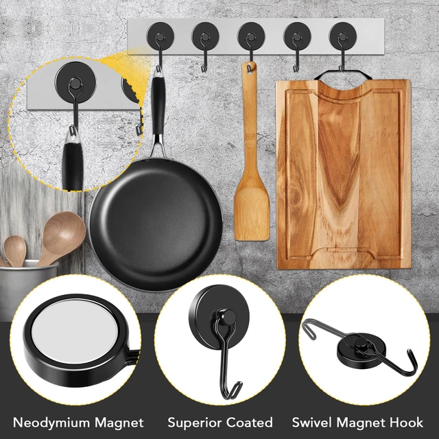 Alt view image 2 of 7 - Black Magnetic Hooks Heavy Duty 120LB+ Swivel Strong Magnet Hook Neodymium Hook Magnets for Hanging Home Workplace Metal Door Office and Garage
