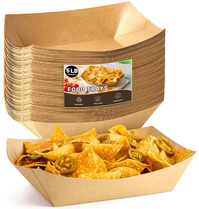 Main image of 50 Pack 5 LB Extra Large Paper Food Trays Disposable, Kraft Paper, Nacho Trays, Food Boats, Party Serving Baskets, For Sandwiches Burgers Popcorns Snacks