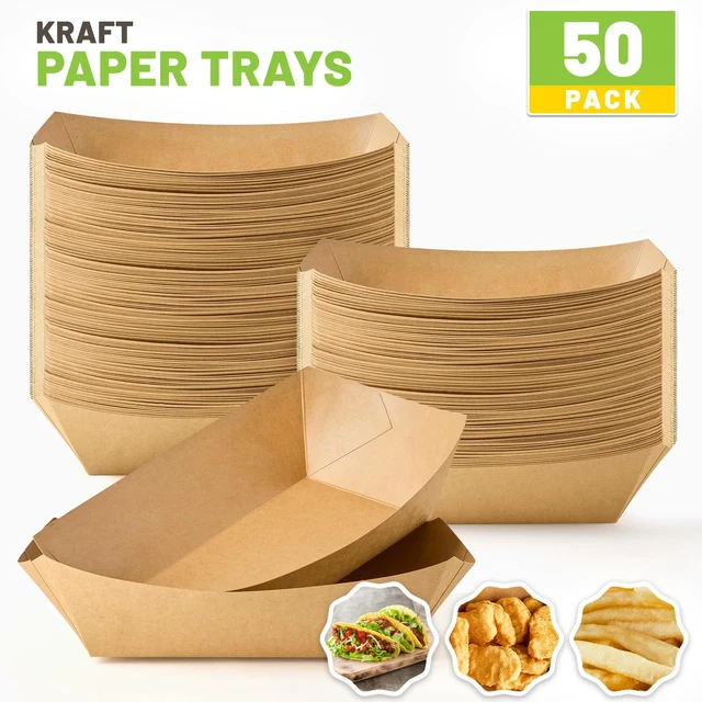 Alt view image 3 of 7 - 50 Pack 5 LB Extra Large Paper Food Trays Disposable, Kraft Paper, Nacho Trays, Food Boats, Party Serving Baskets, For Sandwiches Burgers Popcorns Snacks