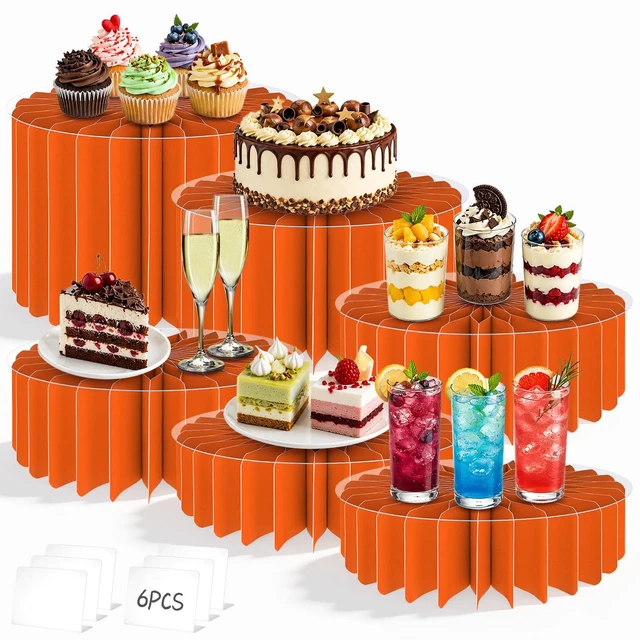 Main image of 6Pcs Buffet Risers, Food Risers for Table, Foldable Cake Display Stands, Tall Cardboard Cupcakes Stand for Show Catering Desserts Jewelry Wedding Birthday Party Decoration (Orange)