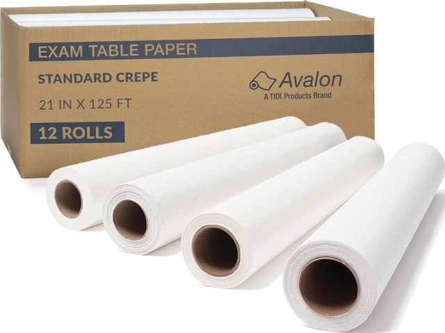 Main image of 617 Avalon Exam Table Paper, Crepe, 21 in x 125 ft, 12 Count Standard Crepe Paper, Hygienic Barrier, Medical Offices, Exam Rooms, Spas, Tattoo Studios