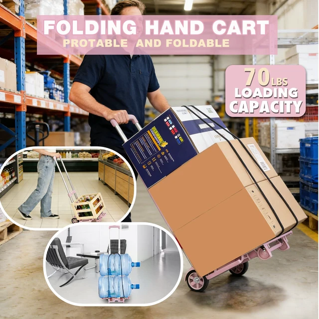 Alt view image 2 of 6 - Folding Dolly Pink Hand Cart,Folding Hand Truck Aluminum Trolley Small Dolly, Foldable Hand Cart 2 Wheel Luggage Trolley Expandable Large Chassis Foldable into Backpack Car Trunk