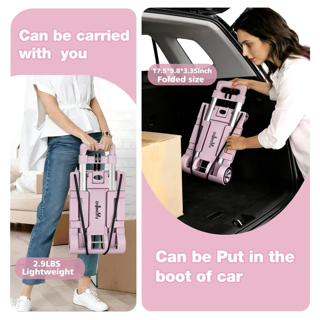 Alt view image 3 of 6 - Folding Dolly Pink Hand Cart,Folding Hand Truck Aluminum Trolley Small Dolly, Foldable Hand Cart 2 Wheel Luggage Trolley Expandable Large Chassis Foldable into Backpack Car Trunk