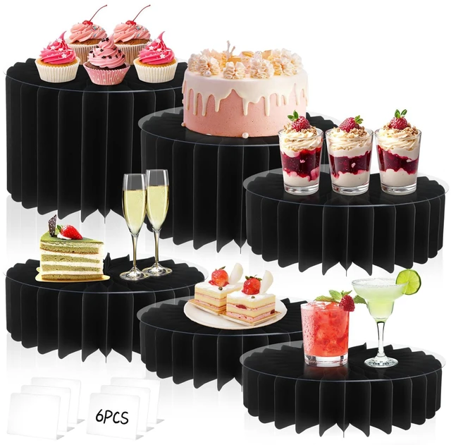 Main image of 6Pcs Buffet Risers, Food Risers for Table, Foldable Cake Display Stands, Tall Cardboard Cupcakes Stand for Show Catering Desserts Jewelry Wedding Birthday Party Decoration (Black)