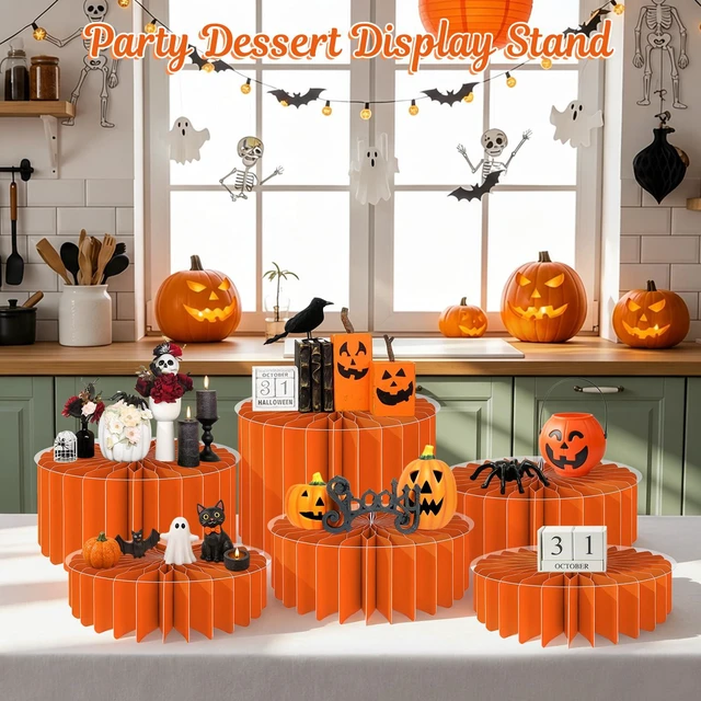 Alt view image 7 of 7 - 6Pcs Buffet Risers, Food Risers for Table, Foldable Cake Display Stands, Tall Cardboard Cupcakes Stand for Show Catering Desserts Jewelry Wedding Birthday Party Decoration (Orange)