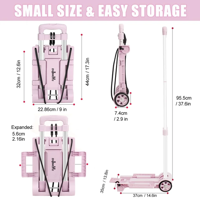 Alt view image 4 of 6 - Folding Dolly Pink Hand Cart,Folding Hand Truck Aluminum Trolley Small Dolly, Foldable Hand Cart 2 Wheel Luggage Trolley Expandable Large Chassis Foldable into Backpack Car Trunk
