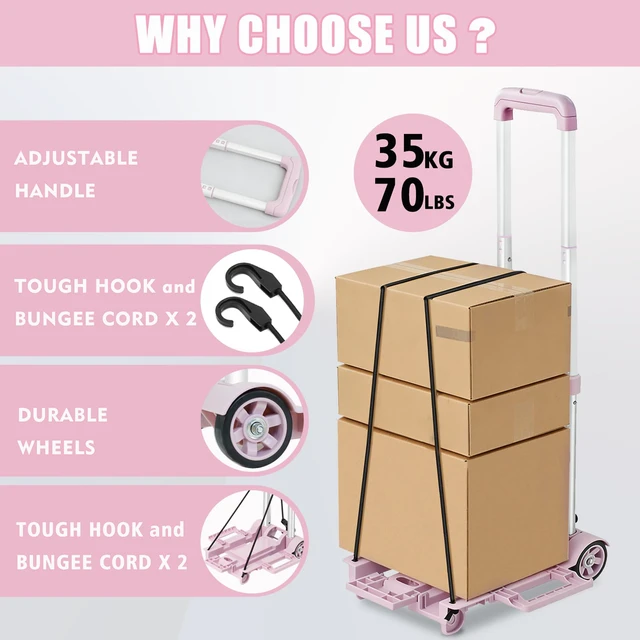 Alt view image 5 of 6 - Folding Dolly Pink Hand Cart,Folding Hand Truck Aluminum Trolley Small Dolly, Foldable Hand Cart 2 Wheel Luggage Trolley Expandable Large Chassis Foldable into Backpack Car Trunk