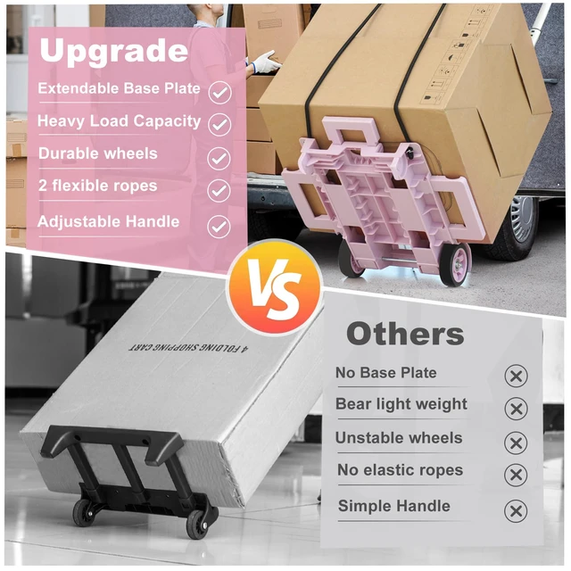 Alt view image 6 of 6 - Folding Dolly Pink Hand Cart,Folding Hand Truck Aluminum Trolley Small Dolly, Foldable Hand Cart 2 Wheel Luggage Trolley Expandable Large Chassis Foldable into Backpack Car Trunk
