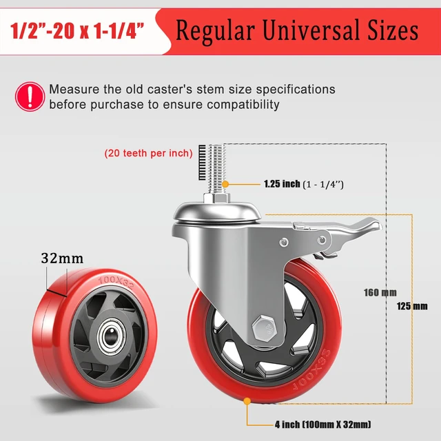Alt view image 3 of 7 - 4" Heavy Duty Stem Caster Wheels 1/2 Threaded Stem Casters Set of 4 1000Lbs (Stem Diameter 1/2", TPI 20, Length 1.25"), Safety Dual Lock Caster, Industrial Castor Wheels for Cart, Furniture