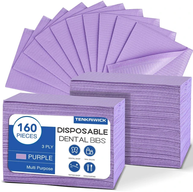 Main image of 160 Pack Disposable Dental Bibs 13"x18"3-Ply Waterproof Tattoo Bibs Sheet for Nail SalonDental ClinicFeedingTattoo Shop (Purple)