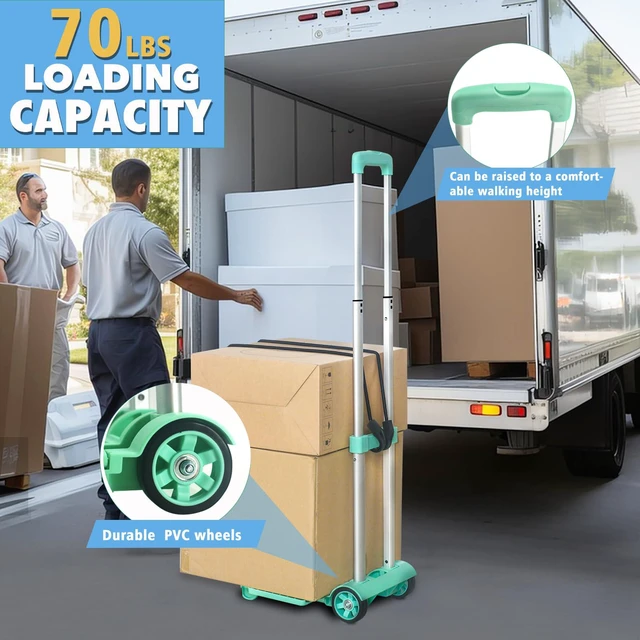 Alt view image 2 of 7 - Folding Hand Truck Dolly Cart,Collapsible Shopping Trolley,Mini Lightweight Hand Dolly,Backpack Trolley,Luggage Cart,Aluminum Telescopic Rod,2 Wheel Trolley Expandable Large Chassis,Mint Green