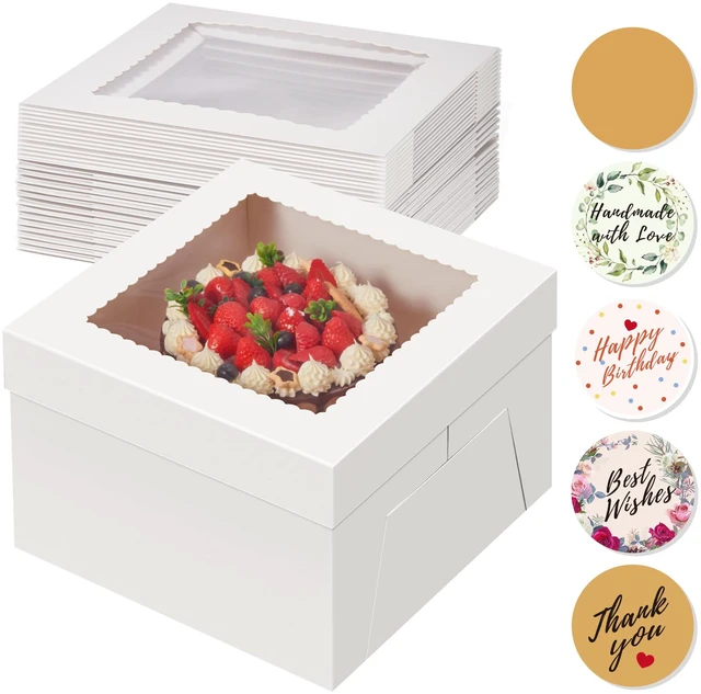 Main image of 15 Pack Cake Boxes 12 inch, 12x12x6 Tall Cake Box with Clear Window 12 Inch Cake Box with Stickers, Thick Cardboard, Large Transport Container, White Cake Holder, for Birthday Wedding Party