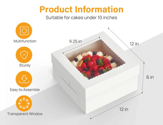 Alt view image 2 of 7 - 15 Pack Cake Boxes 12 inch, 12x12x6 Tall Cake Box with Clear Window 12 Inch Cake Box with Stickers, Thick Cardboard, Large Transport Container, White Cake Holder, for Birthday Wedding Party