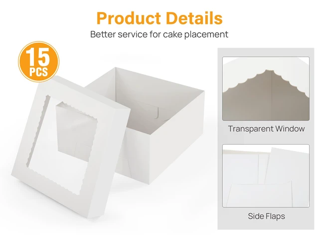 Alt view image 3 of 7 - 15 Pack Cake Boxes 12 inch, 12x12x6 Tall Cake Box with Clear Window 12 Inch Cake Box with Stickers, Thick Cardboard, Large Transport Container, White Cake Holder, for Birthday Wedding Party