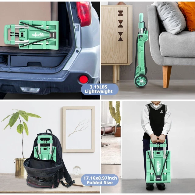 Alt view image 5 of 7 - Folding Hand Truck Dolly Cart,Collapsible Shopping Trolley,Mini Lightweight Hand Dolly,Backpack Trolley,Luggage Cart,Aluminum Telescopic Rod,2 Wheel Trolley Expandable Large Chassis,Mint Green