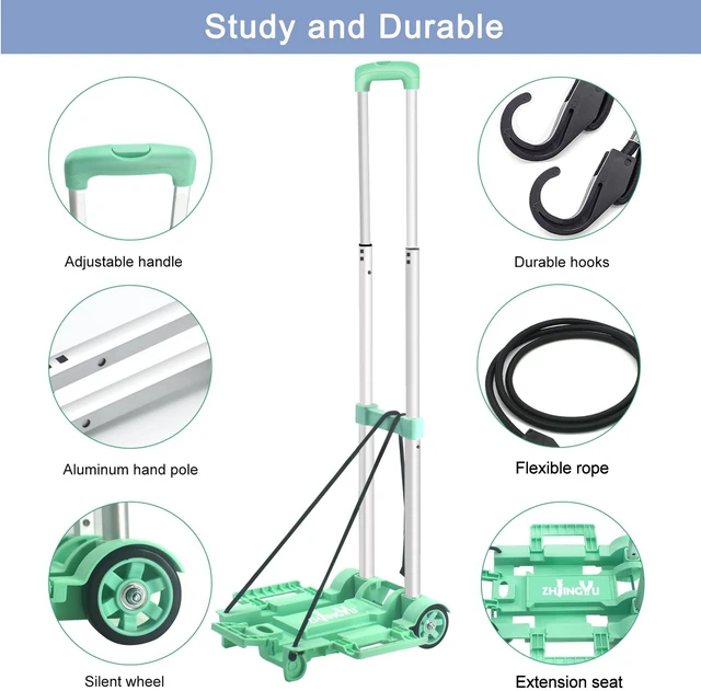 Alt view image 6 of 7 - Folding Hand Truck Dolly Cart,Collapsible Shopping Trolley,Mini Lightweight Hand Dolly,Backpack Trolley,Luggage Cart,Aluminum Telescopic Rod,2 Wheel Trolley Expandable Large Chassis,Mint Green