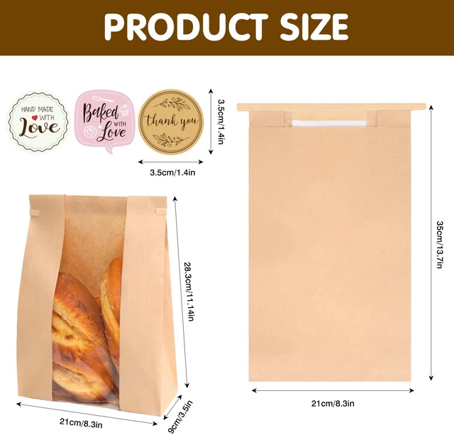 Alt view image 2 of 7 - 120pcs Bread Bags for Homemade Bread with Tab, 13.7x8.3x3.5In 144 Label Seal Stickers, Clear Front Window, Tin Tie Tab, Large Paper Sourdough Bread Bags for Home & Business Use