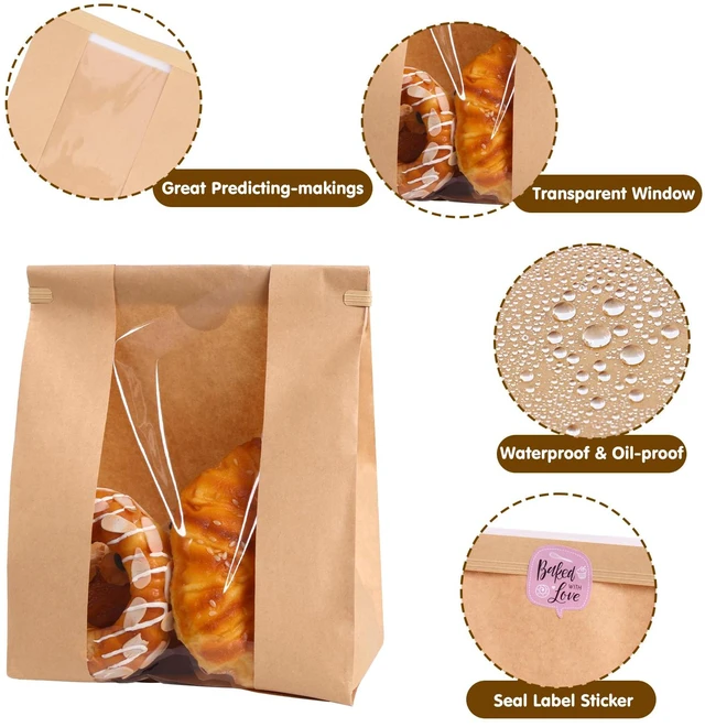 Alt view image 5 of 7 - 120pcs Bread Bags for Homemade Bread with Tab, 13.7x8.3x3.5In 144 Label Seal Stickers, Clear Front Window, Tin Tie Tab, Large Paper Sourdough Bread Bags for Home & Business Use