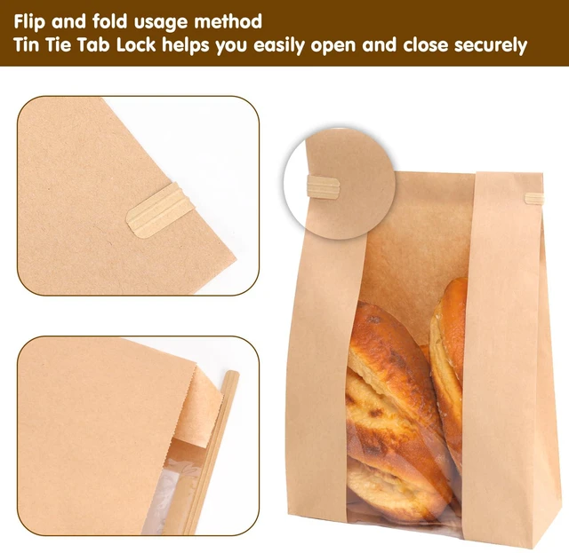 Alt view image 4 of 7 - 120pcs Bread Bags for Homemade Bread with Tab, 13.7x8.3x3.5In 144 Label Seal Stickers, Clear Front Window, Tin Tie Tab, Large Paper Sourdough Bread Bags for Home & Business Use