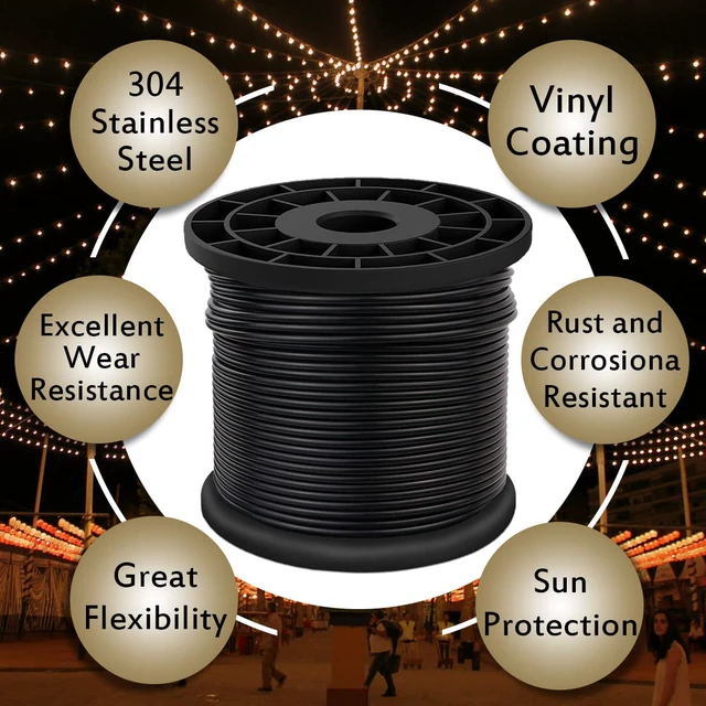 Alt view image 5 of 7 - Vinyl Coated Wire Rope, 304 Stainless Steel Cable, 1/16" to 3/32", 200FT Black coated wire cable with 60 crimping sleeves, ideal for string lights, clotheslines, hanging, railing and DIY projects