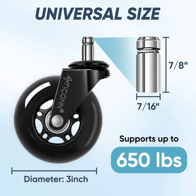 Alt view image 3 of 7 - Office Chair Wheels, 3" Caster Wheels for Tile Carpets, Set of 5 650 lbs Weight Capacity, Smooth & Quiet Rolling, Scratch-Free Floor Protection, Universal Fit, Easy Snap-In Installation