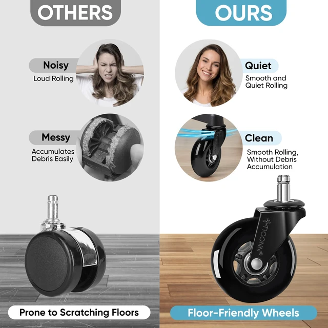 Alt view image 7 of 7 - Office Chair Wheels, 3" Caster Wheels for Tile Carpets, Set of 5 650 lbs Weight Capacity, Smooth & Quiet Rolling, Scratch-Free Floor Protection, Universal Fit, Easy Snap-In Installation