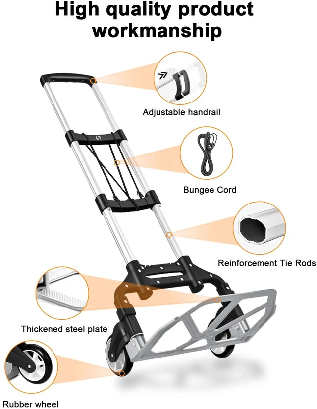 Alt view image 3 of 7 - Folding Hand Truck, Dolly Cart with Wheels Foldable, Luggage Cart Lightweight Aluminum Moving Dolly, Portable Collapsible Trolley for Utility Cart, Travel, Shopping, Airport and Office