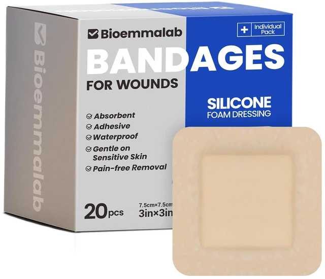Main image of Large Waterproof Bandages 3X3 Silicone Foam Dressing Sensitive Skin, 20 PCS Wound Dressing, Adhesive Cohesive Pad with Border, First Aid, Post-Surgical, Burn & Pressure Care, Scar Care