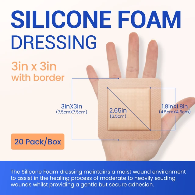 Alt view image 2 of 6 - Large Waterproof Bandages 3X3 Silicone Foam Dressing Sensitive Skin, 20 PCS Wound Dressing, Adhesive Cohesive Pad with Border, First Aid, Post-Surgical, Burn & Pressure Care, Scar Care
