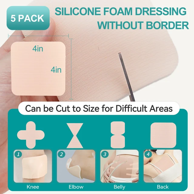 Alt view image 3 of 7 - Silicone Foam Dressing Without Border 4"x 4" Highly Absorbent Adhesive Wound Bandage Cuttable Pads for Wound Care 5 Pack