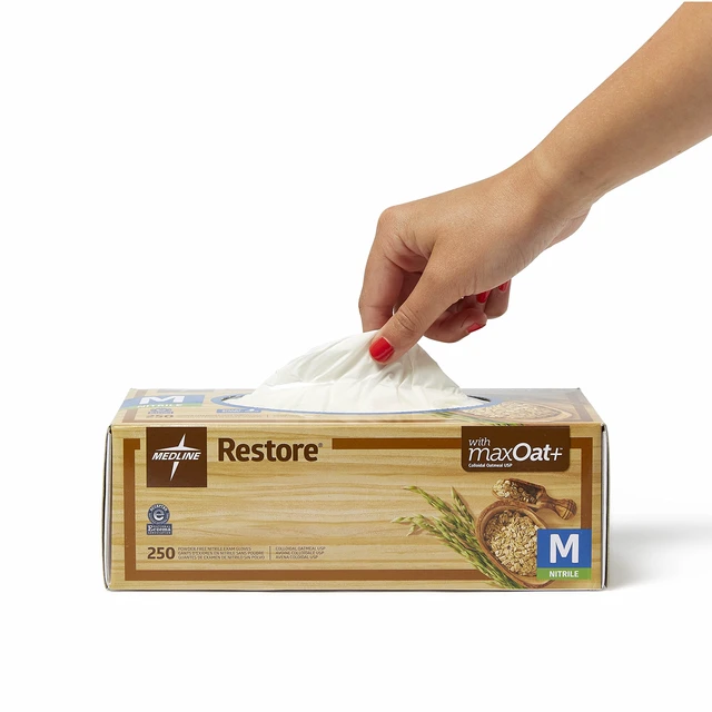 Alt view image 4 of 5 - Restore Nitrile Exam Gloves, 250 Count, Medium, Powder Free, Disposable, Colloidal Oatmeal to Soothe Hands, Strong, Tear Resistant for Medical Tasks, Household Chores and More