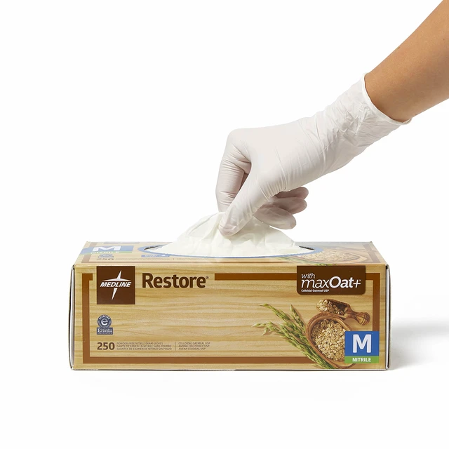 Alt view image 5 of 5 - Restore Nitrile Exam Gloves, 250 Count, Medium, Powder Free, Disposable, Colloidal Oatmeal to Soothe Hands, Strong, Tear Resistant for Medical Tasks, Household Chores and More