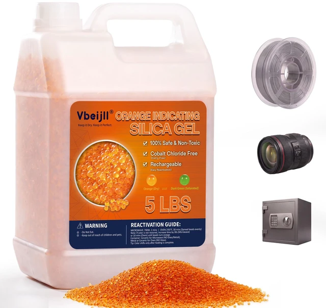 Main image of (5 LBS) Orange Indicating Silica Gel Desiccant Beads Cobalt Chloride-Free, Non-Toxic, Reusable, 2-5mm silica beads for 3D Printer Filament, Camera, Gun Safe, Electronics, Jewelry