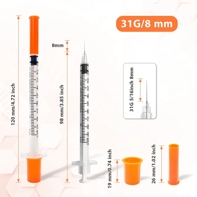 Alt view image 2 of 7 - 100 Pack Syringes with Needle, U-100 1ml 31G 5/16" 8mm Syringe Individually Sealed, High-Quality, Leak-Resistant, Visible Scales